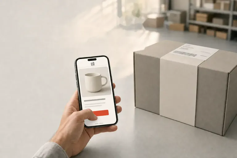 Dłoń trzyma telefon z kartą produktu, obok na jasnym blacie zaklejone pudełko z etykietą przewozową, w tle regały z paczkami.